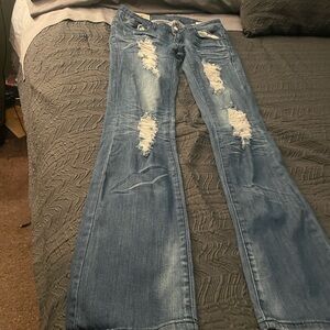 Trendy Distressed Flare Jeans in Classic Blue